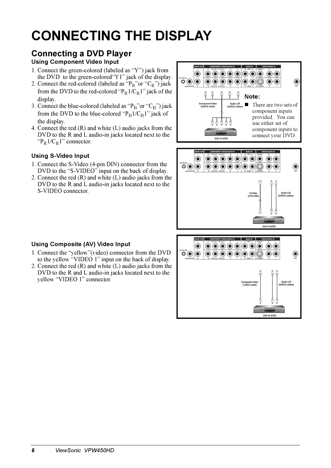 ViewSonic VPW450HD manual Connecting the Display, Connecting a DVD Player, Using Component Video Input, Using S-Video Input 