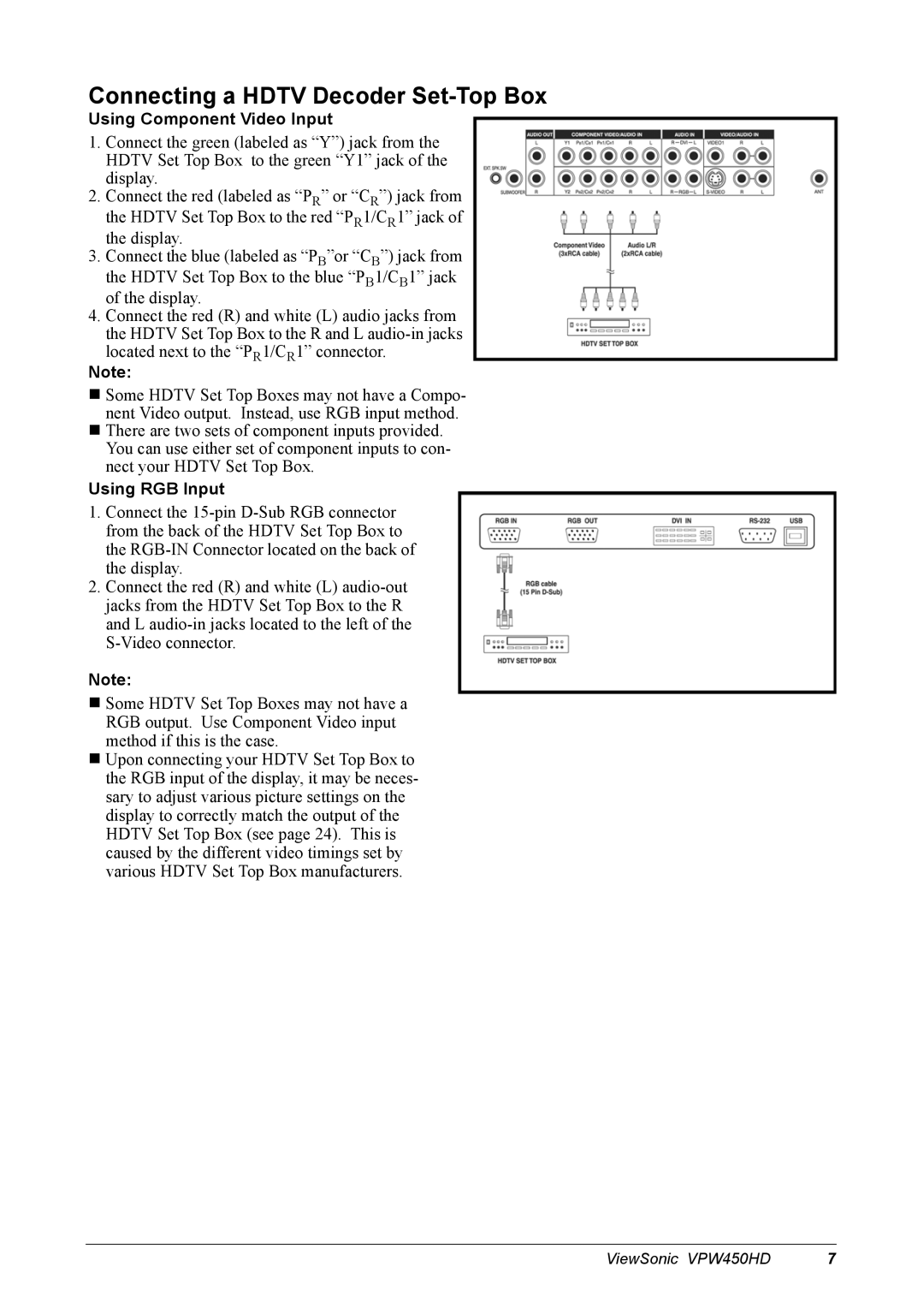 ViewSonic VPW450HD manual Connecting a Hdtv Decoder Set-Top Box, Using RGB Input 