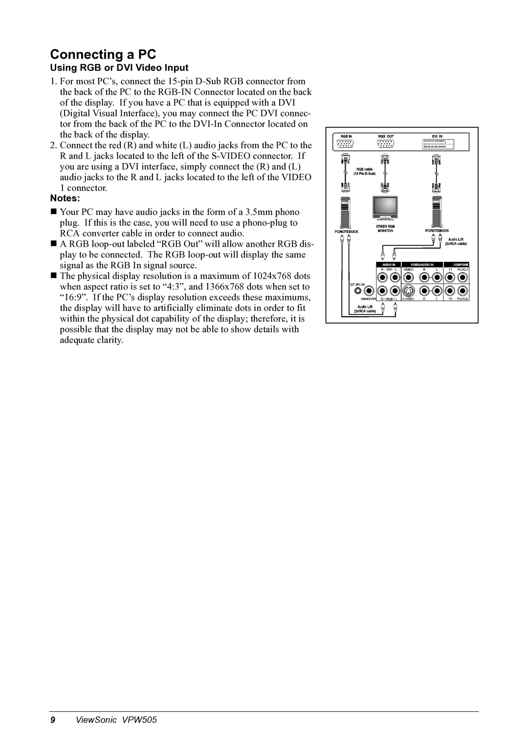 ViewSonic VPW505 manual Connecting a PC, Using RGB or DVI Video Input 