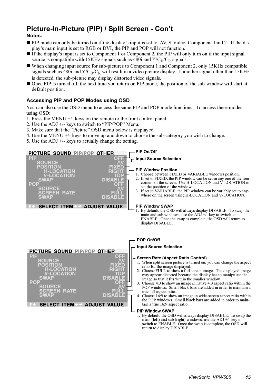 ViewSonic VPW505 manual Picture-In-Picture PIP / Split Screen Con’t, Accessing PIP and POP Modes using OSD, PIP Window Swap 