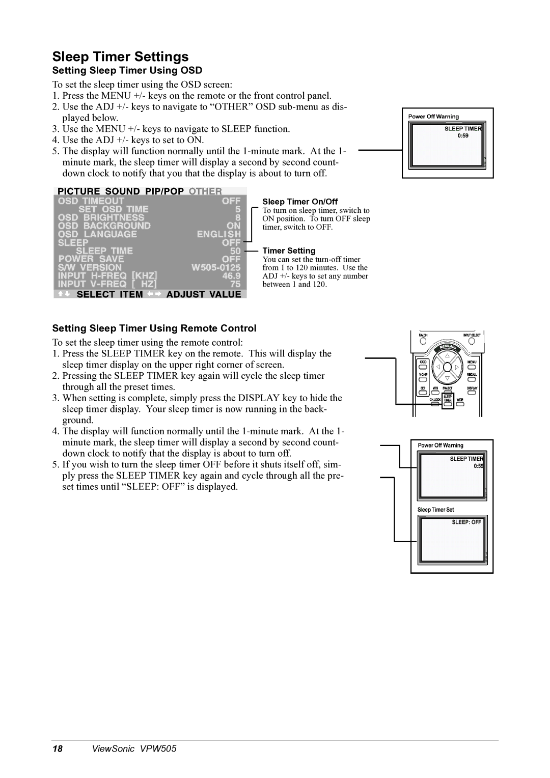 ViewSonic VPW505 manual Sleep Timer Settings, Setting Sleep Timer Using OSD, Setting Sleep Timer Using Remote Control 