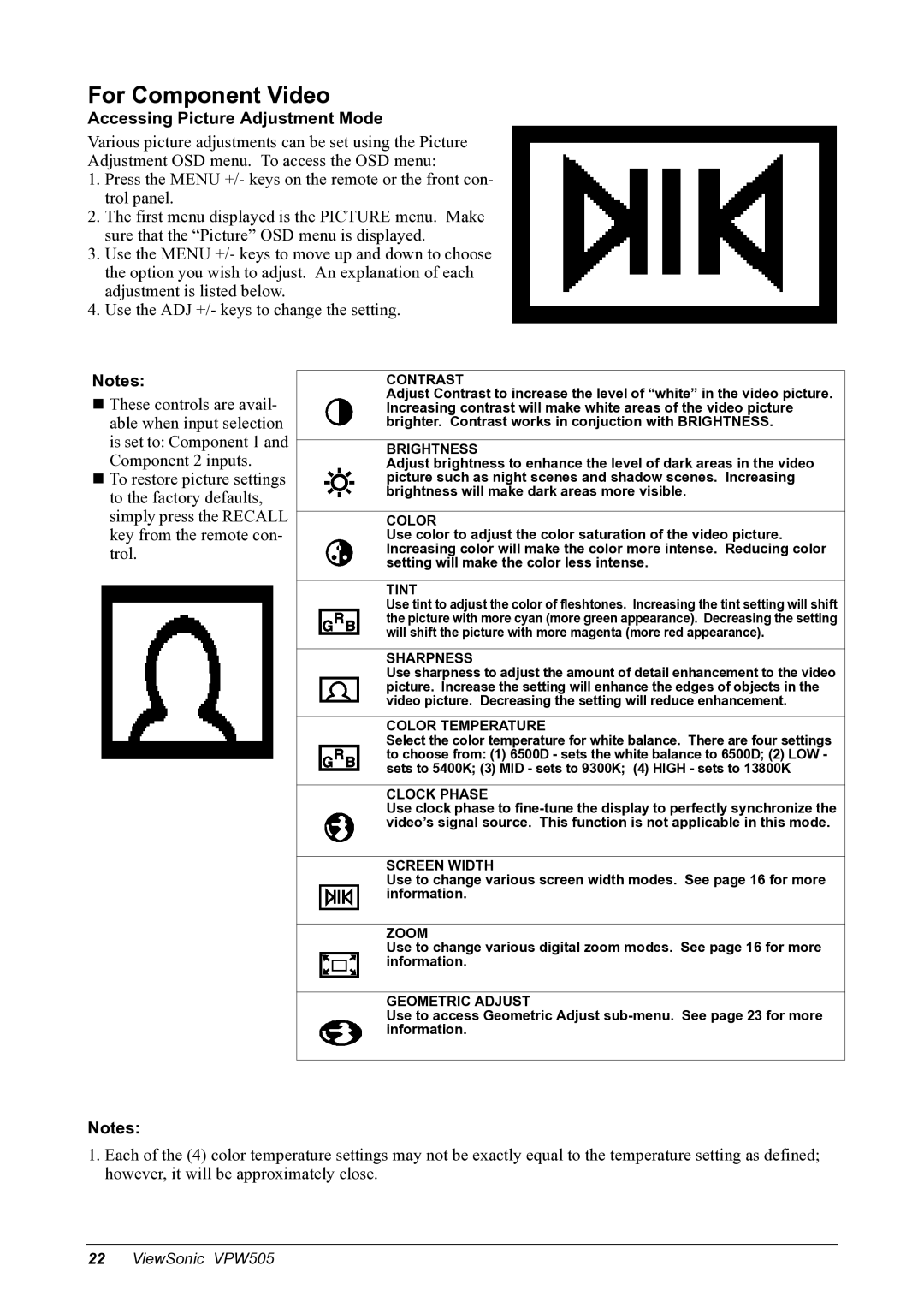 ViewSonic VPW505 manual For Component Video, Geometric Adjust 