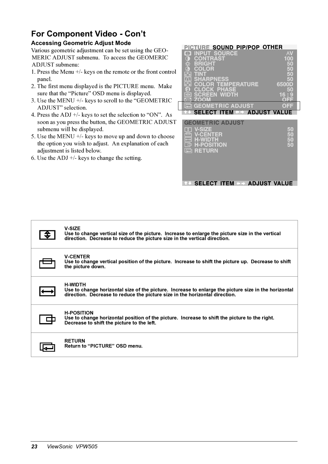 ViewSonic VPW505 manual For Component Video Con’t, Accessing Geometric Adjust Mode 