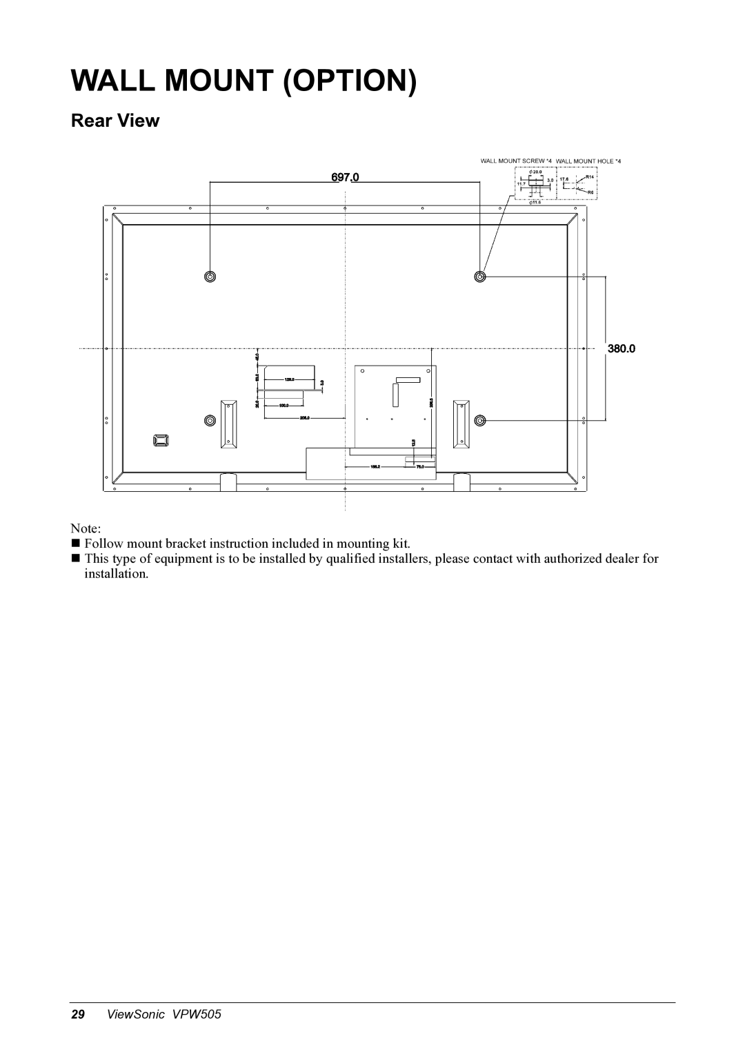 ViewSonic VPW505 manual Wall Mount Option, Rear View 