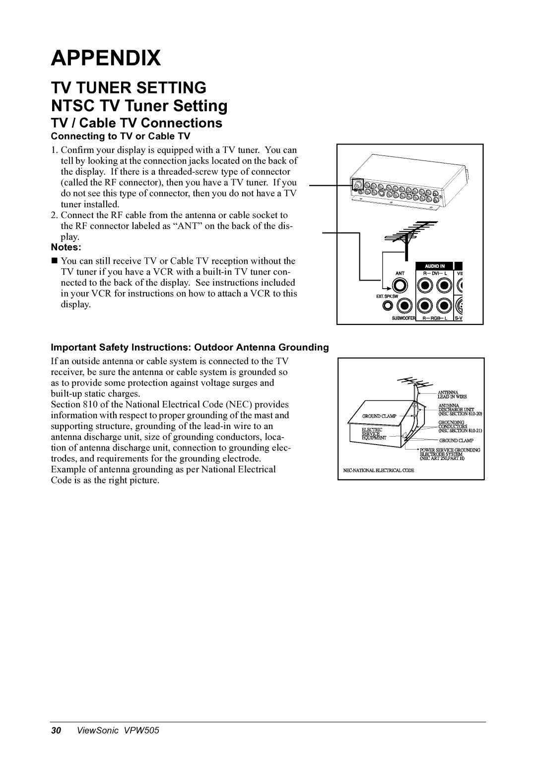 ViewSonic VPW505 manual Appendix, TV / Cable TV Connections, Connecting to TV or Cable TV 