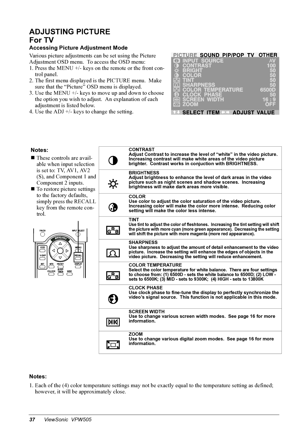 ViewSonic VPW505 manual Adjusting Picture, For TV 