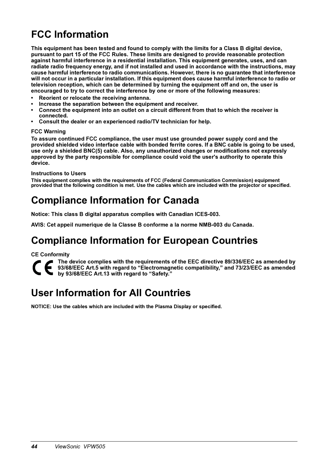 ViewSonic VPW505 manual Compliance Information for Canada 