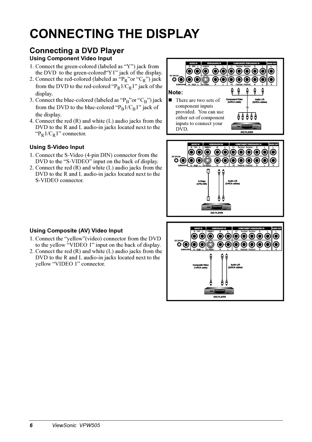 ViewSonic VPW505 manual Connecting the Display, Connecting a DVD Player, Using Component Video Input, Using S-Video Input 