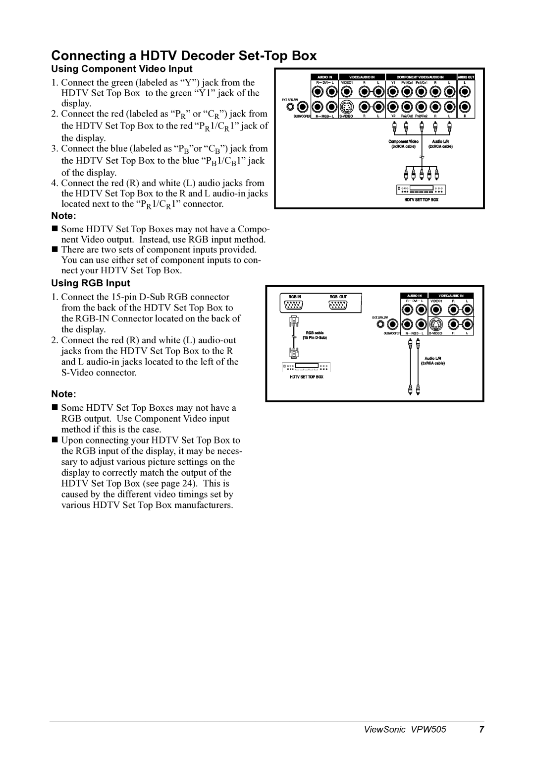 ViewSonic VPW505 manual Connecting a Hdtv Decoder Set-Top Box, Using RGB Input 