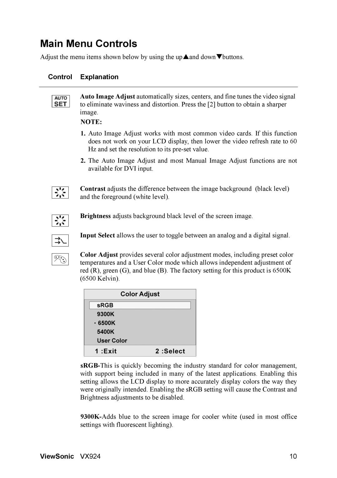 ViewSonic VS10162 manual Main Menu Controls, Control Explanation 