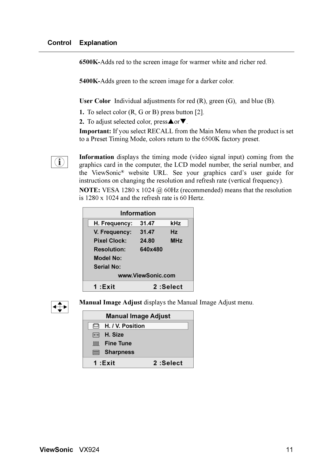 ViewSonic VS10162 manual Control Explanation 