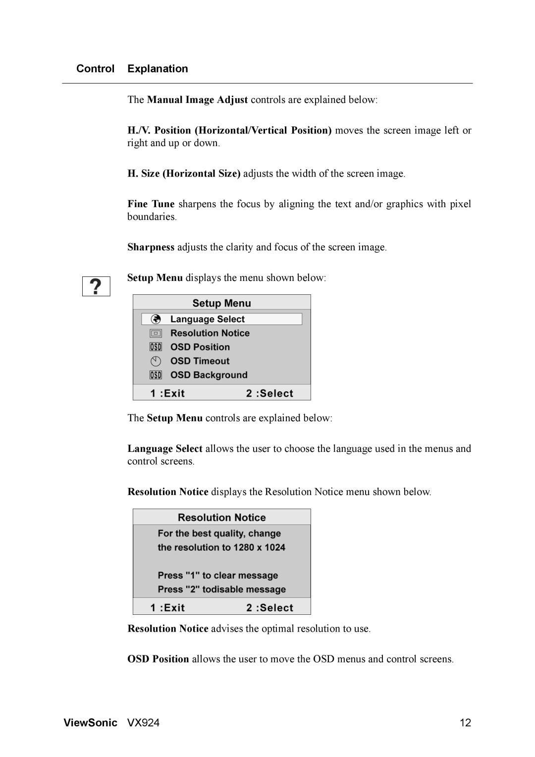 ViewSonic VS10162 manual Manual Image Adjust controls are explained below 