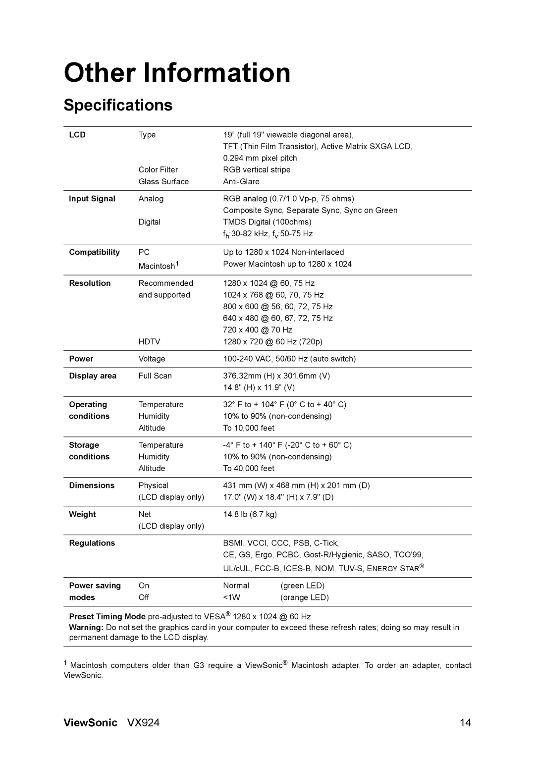 ViewSonic VS10162 manual Other Information, Specifications 