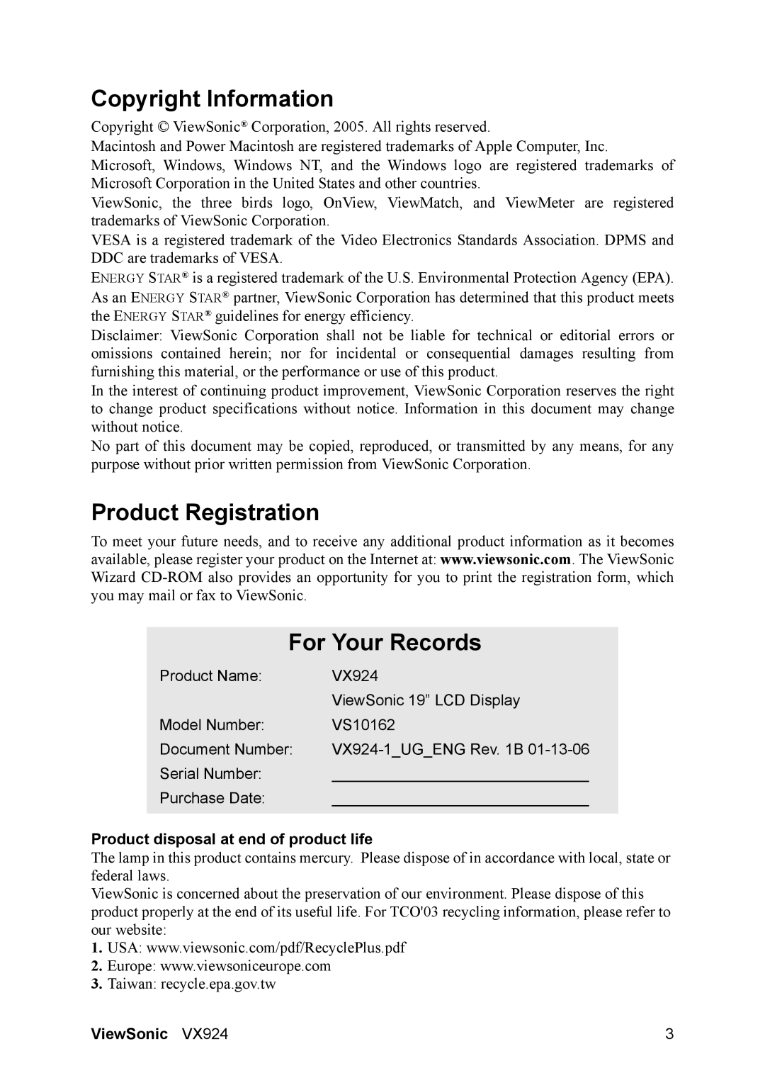 ViewSonic VS10162 Copyright Information, Product Registration For Your Records, Product disposal at end of product life 