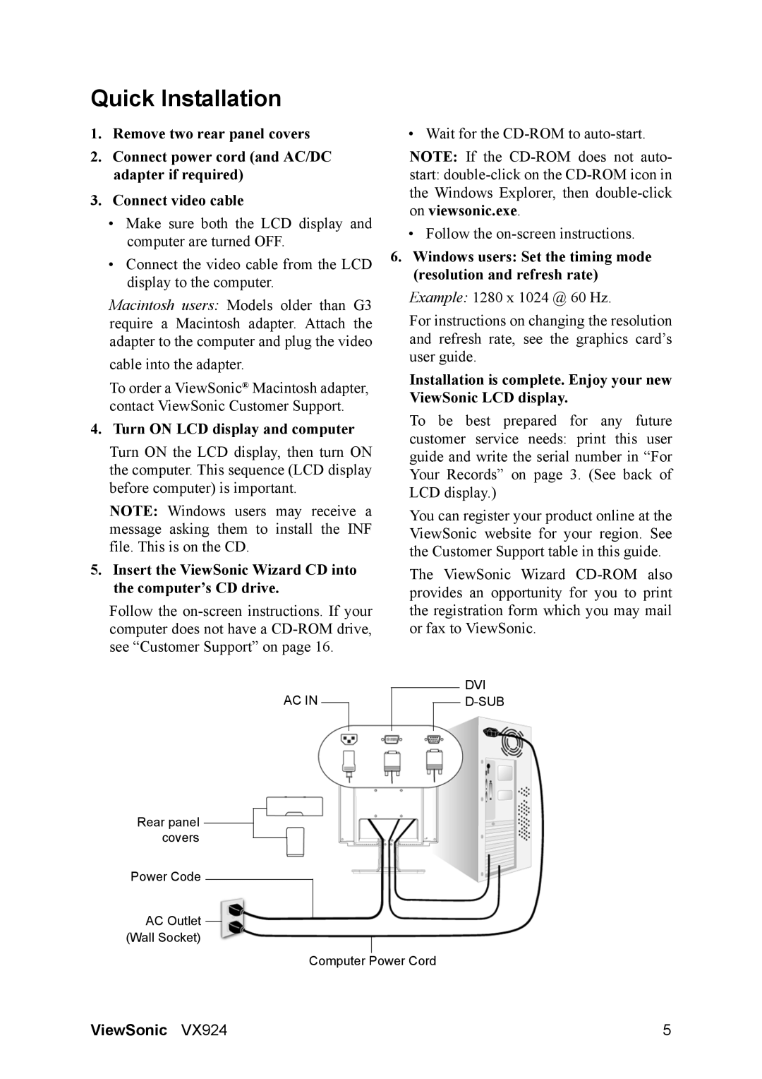 ViewSonic VS10162 manual Quick Installation, Turn on LCD display and computer 