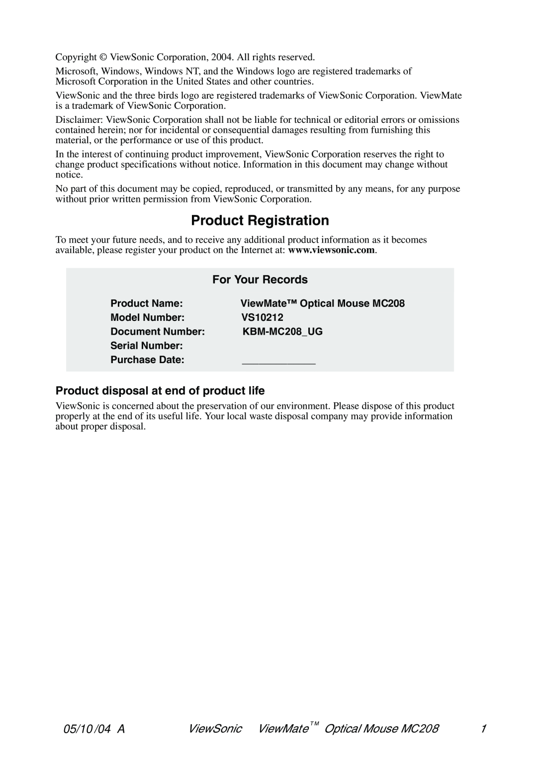 ViewSonic VS102127 manual Product Registration, For Your Records, Product disposal at end of product life, 05/10 /04 A 