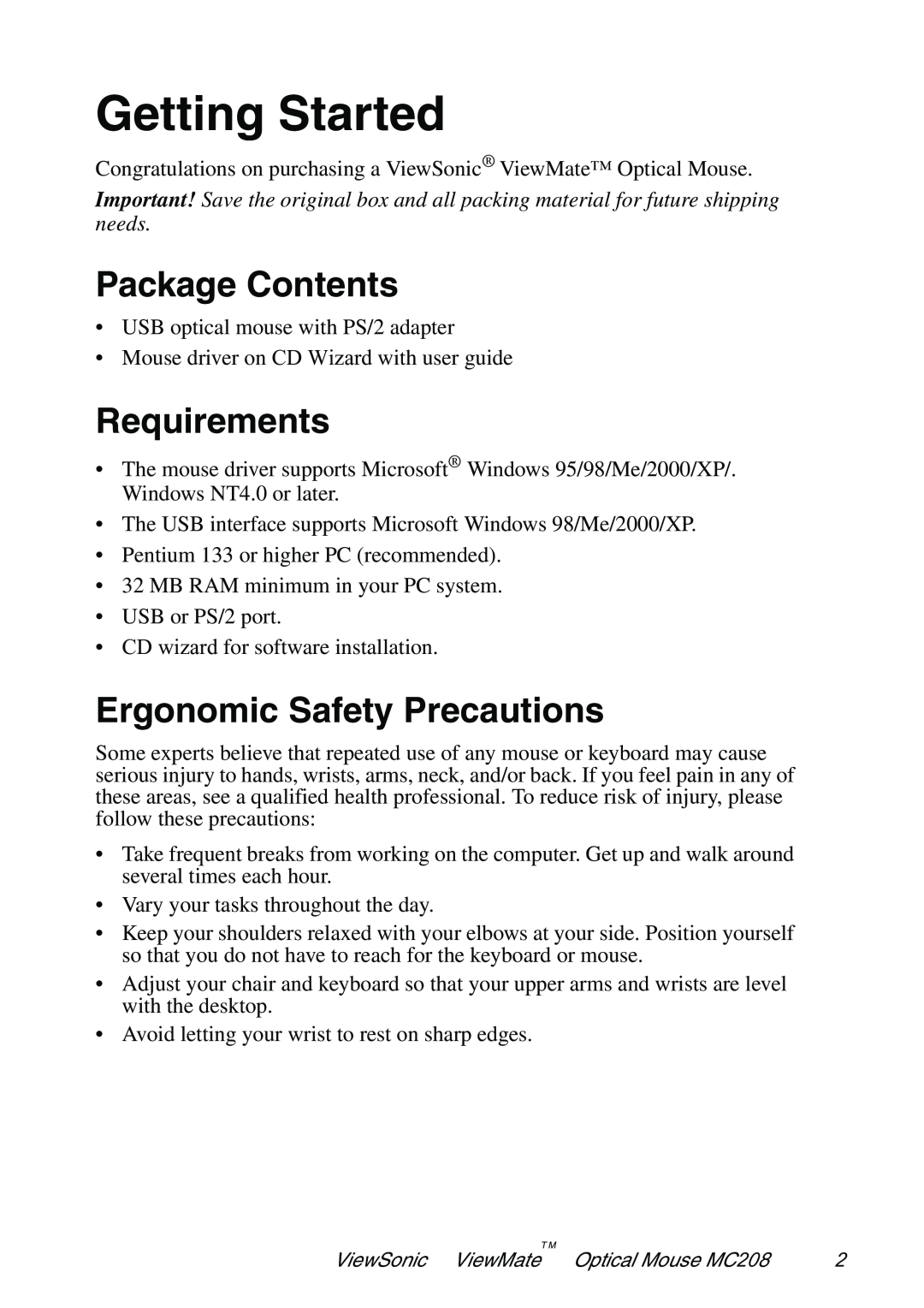 ViewSonic VS102127 manual Getting Started, Package Contents, Requirements, Ergonomic Safety Precautions 