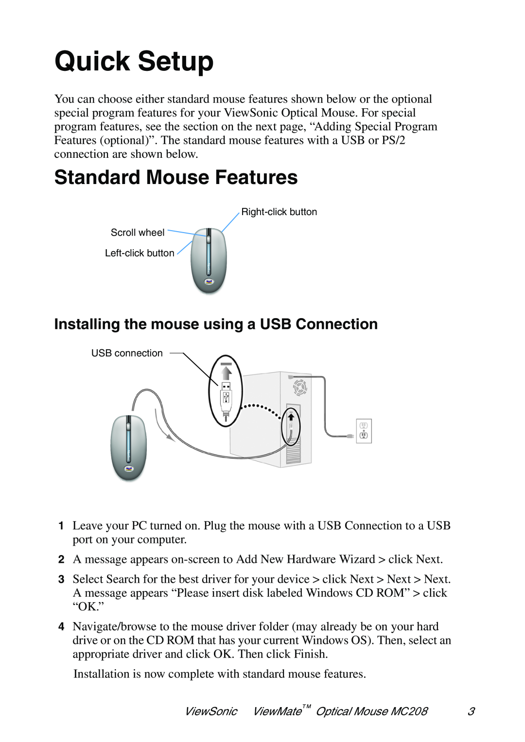 ViewSonic VS102127 manual Quick Setup, Standard Mouse Features, Installing the mouse using a USB Connection 