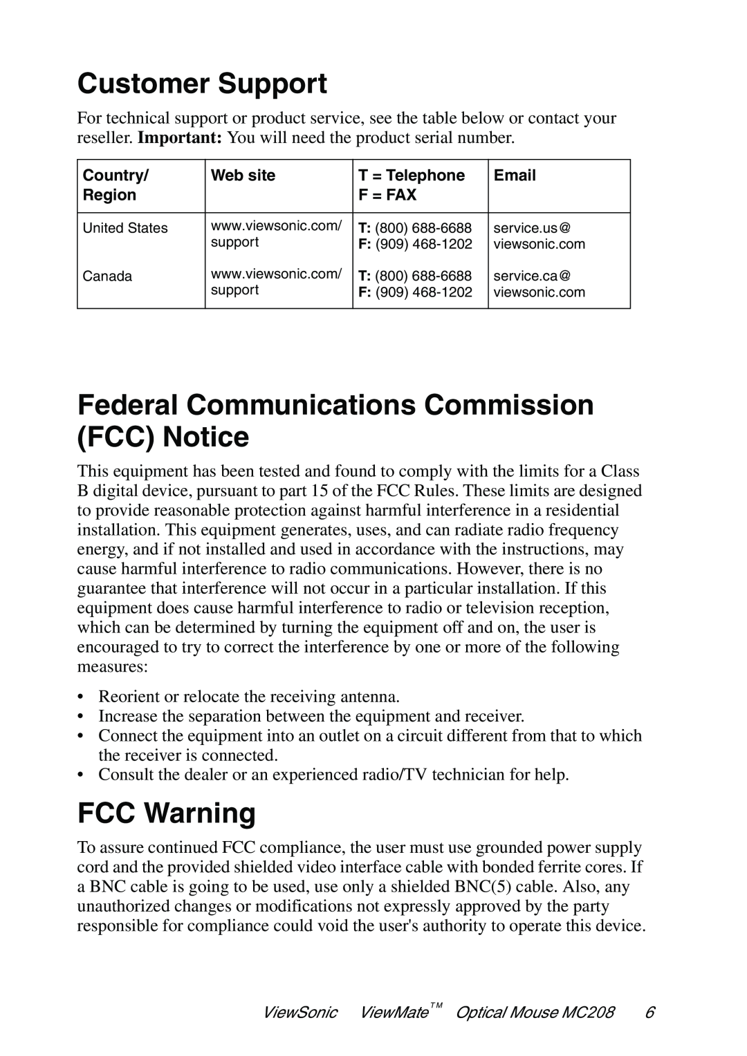 ViewSonic VS102127 manual Customer Support, Federal Communications Commission FCC Notice, FCC Warning 