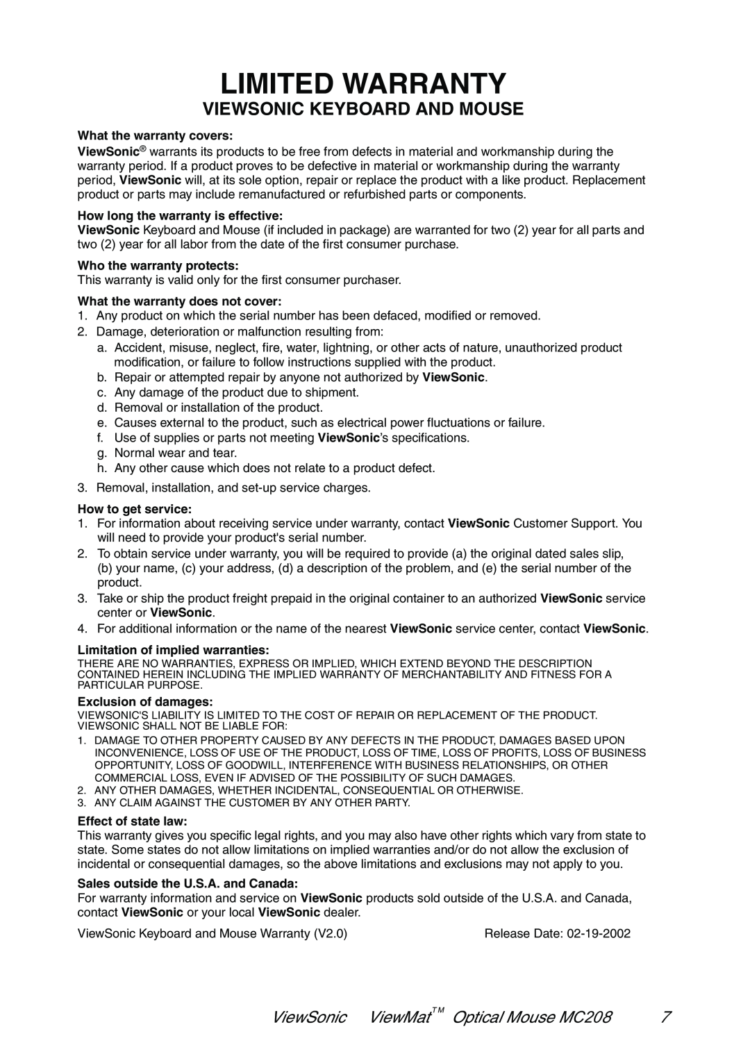 ViewSonic VS102127 manual Limited Warranty, Viewsonic Keyboard And Mouse, ViewSonic ViewMat T M Optical Mouse MC208 
