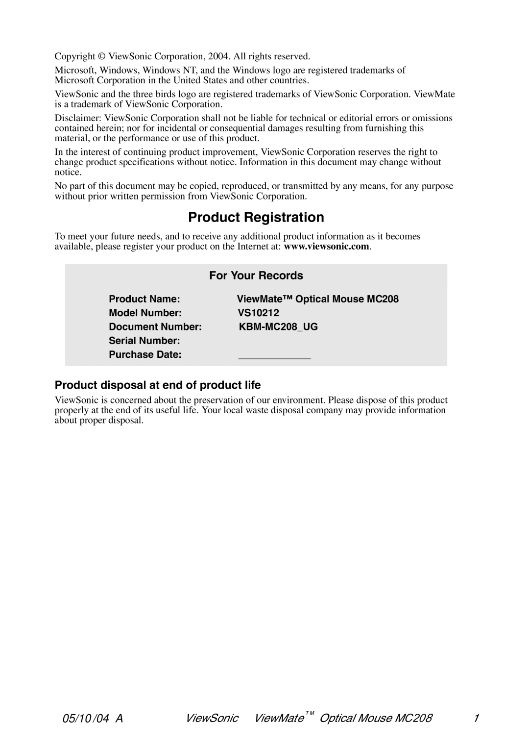 ViewSonic VS102127 manual Product Registration 