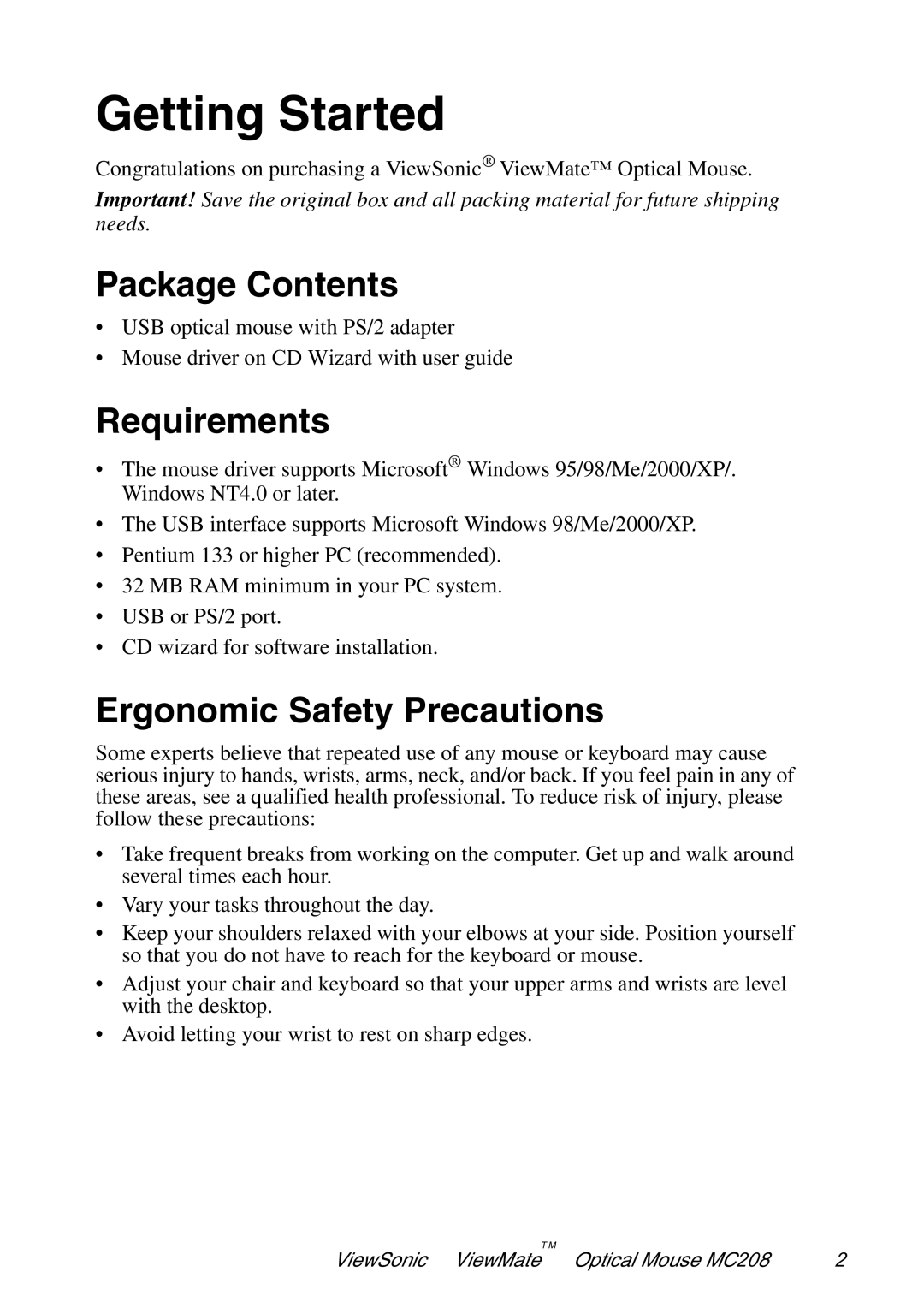 ViewSonic VS102127 manual Package Contents, Requirements, Ergonomic Safety Precautions 