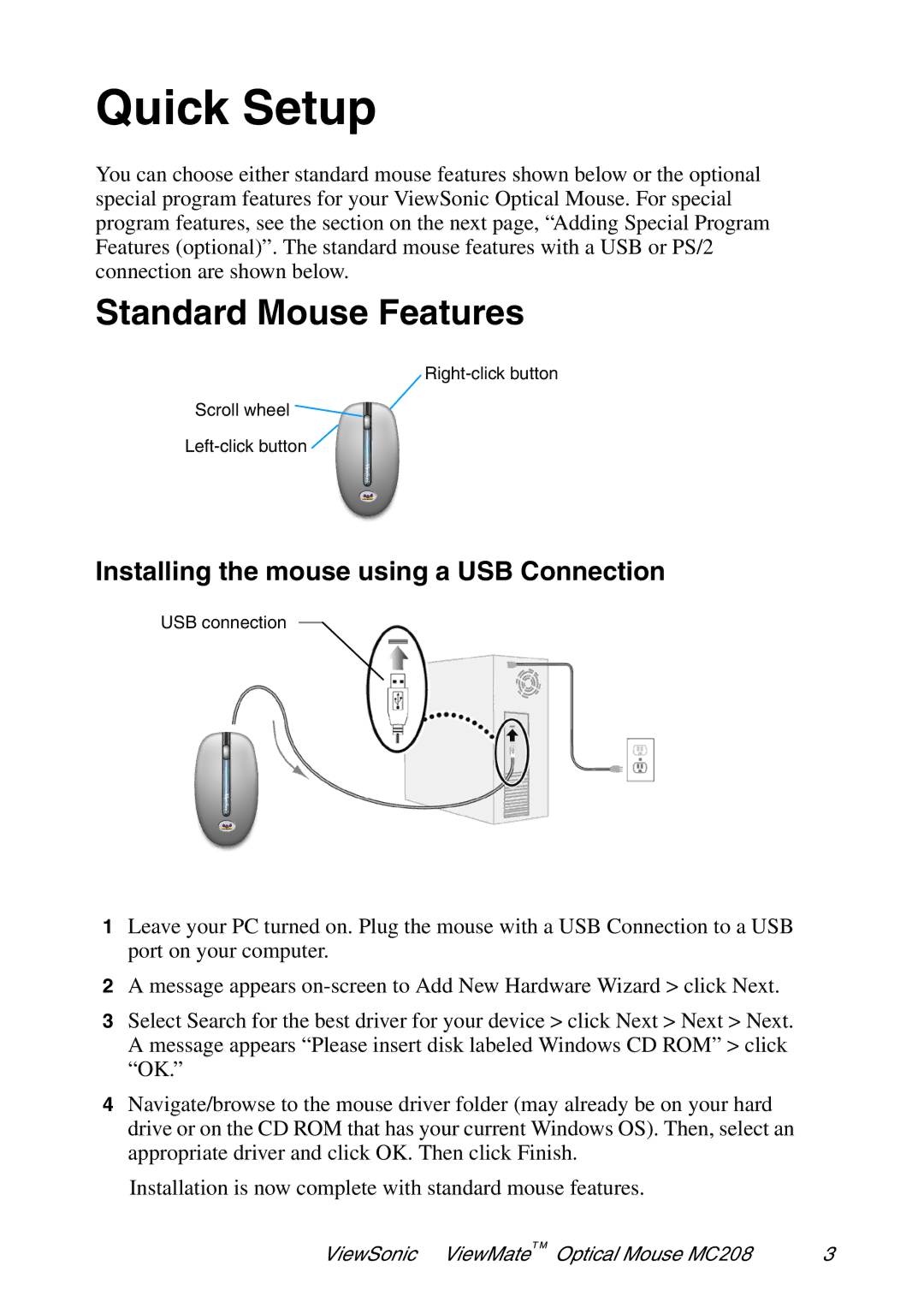 ViewSonic VS102127 manual Quick Setup, Standard Mouse Features 