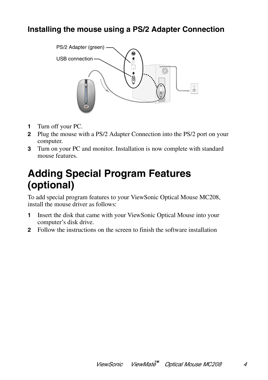 ViewSonic VS102127 manual Adding Special Program Features optional, Installing the mouse using a PS/2 Adapter Connection 