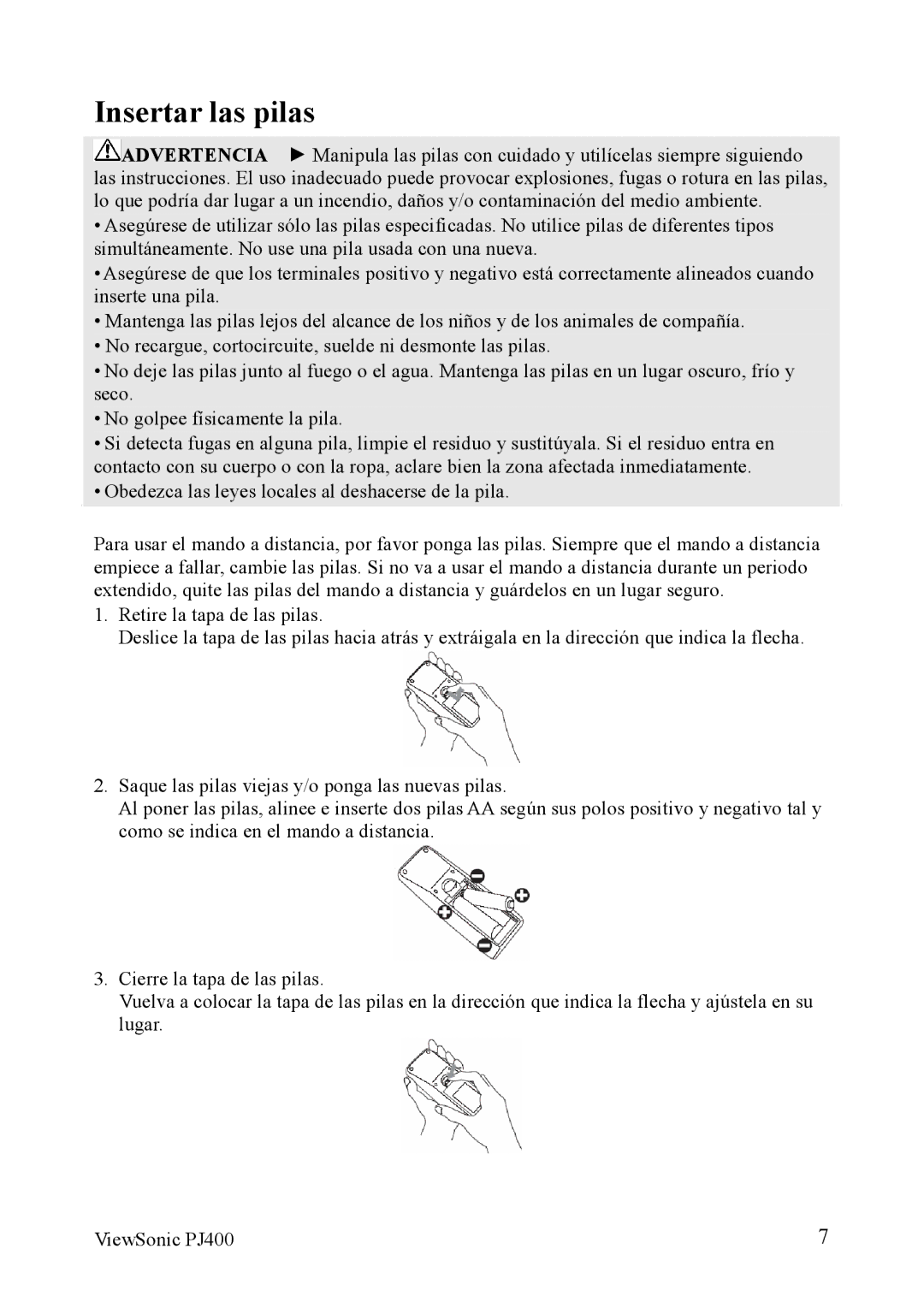 ViewSonic VS10459 manual Insertar las pilas 