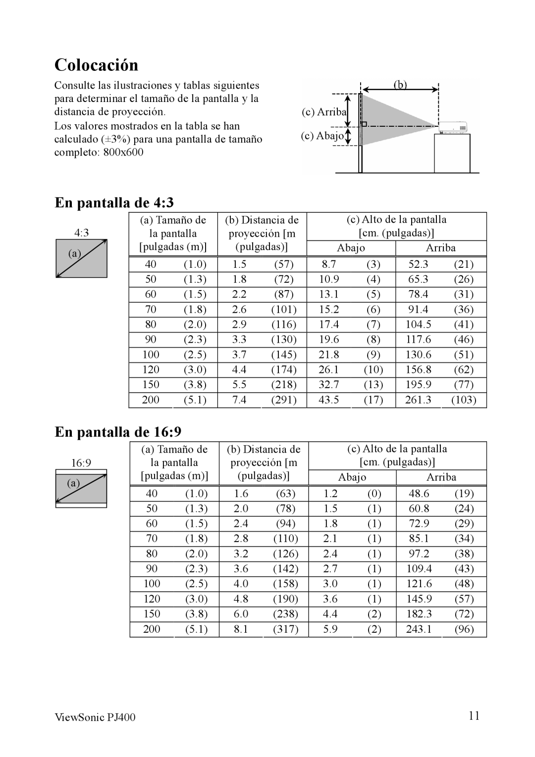 ViewSonic VS10459 manual Colocación, En pantalla de 