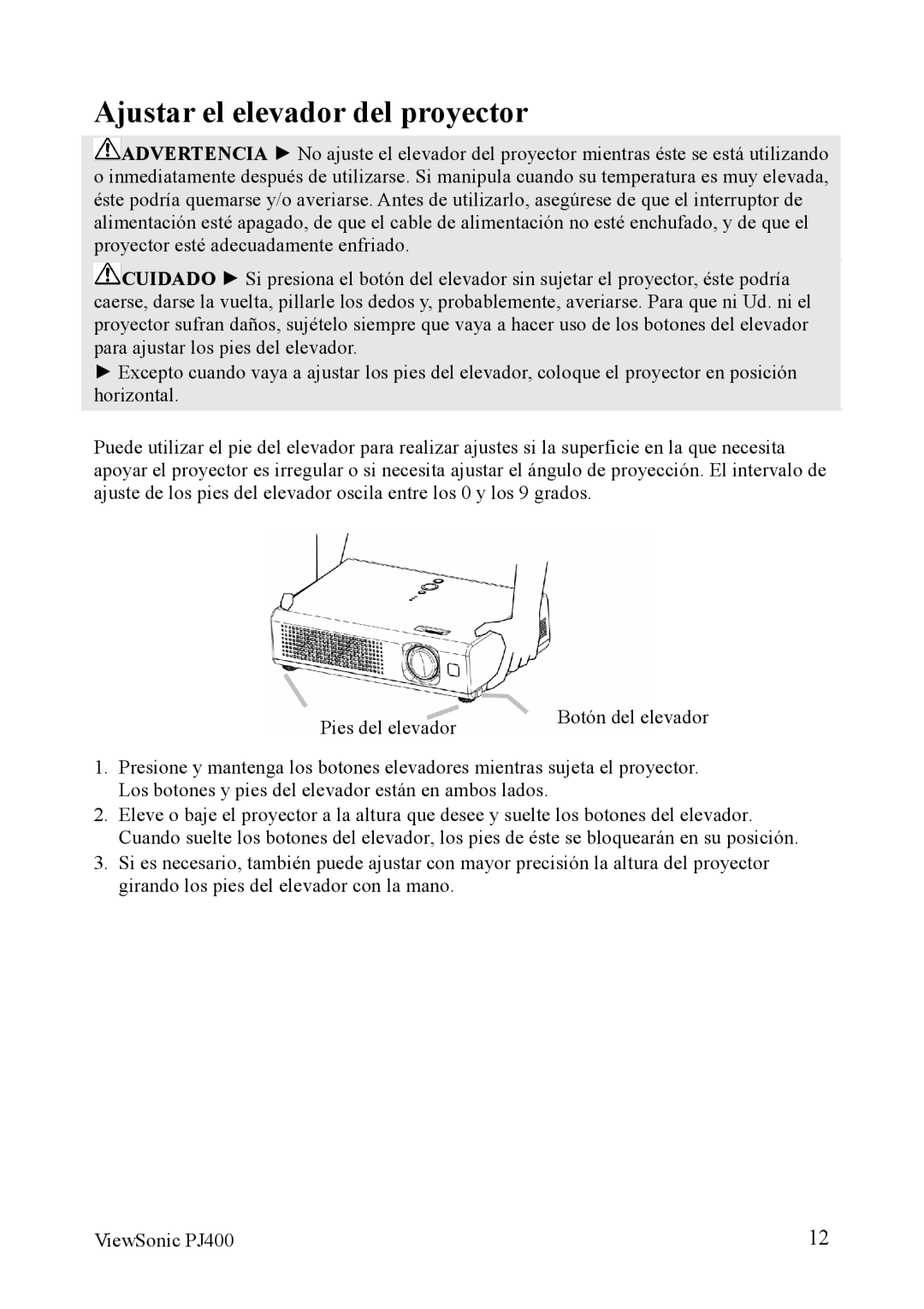 ViewSonic VS10459 manual Ajustar el elevador del proyector 