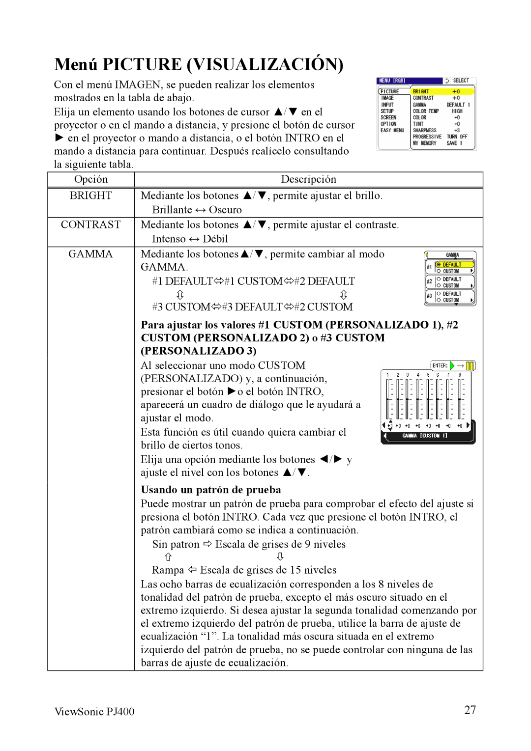 ViewSonic VS10459 manual Menú Picture Visualización, Usando un patrón de prueba 