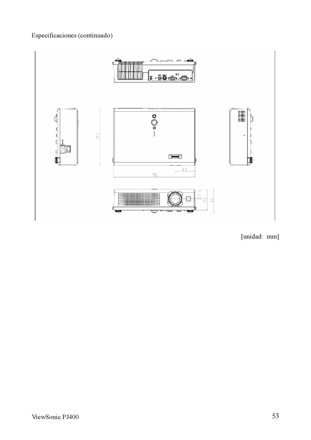 ViewSonic VS10459 manual Especificaciones continuado Unidad mm ViewSonic PJ400 