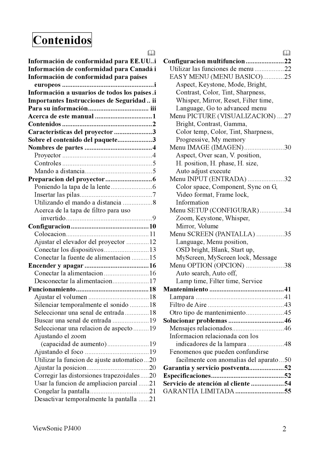 ViewSonic VS10459 manual Contenidos 