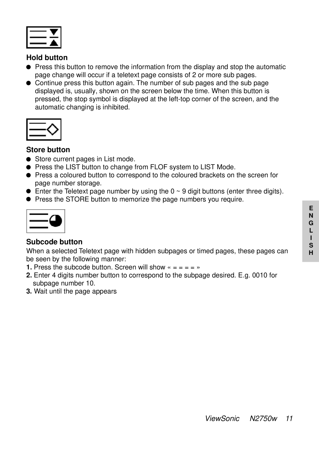 ViewSonic VS10576-1E manual Hold button, Store button, Subcode button 