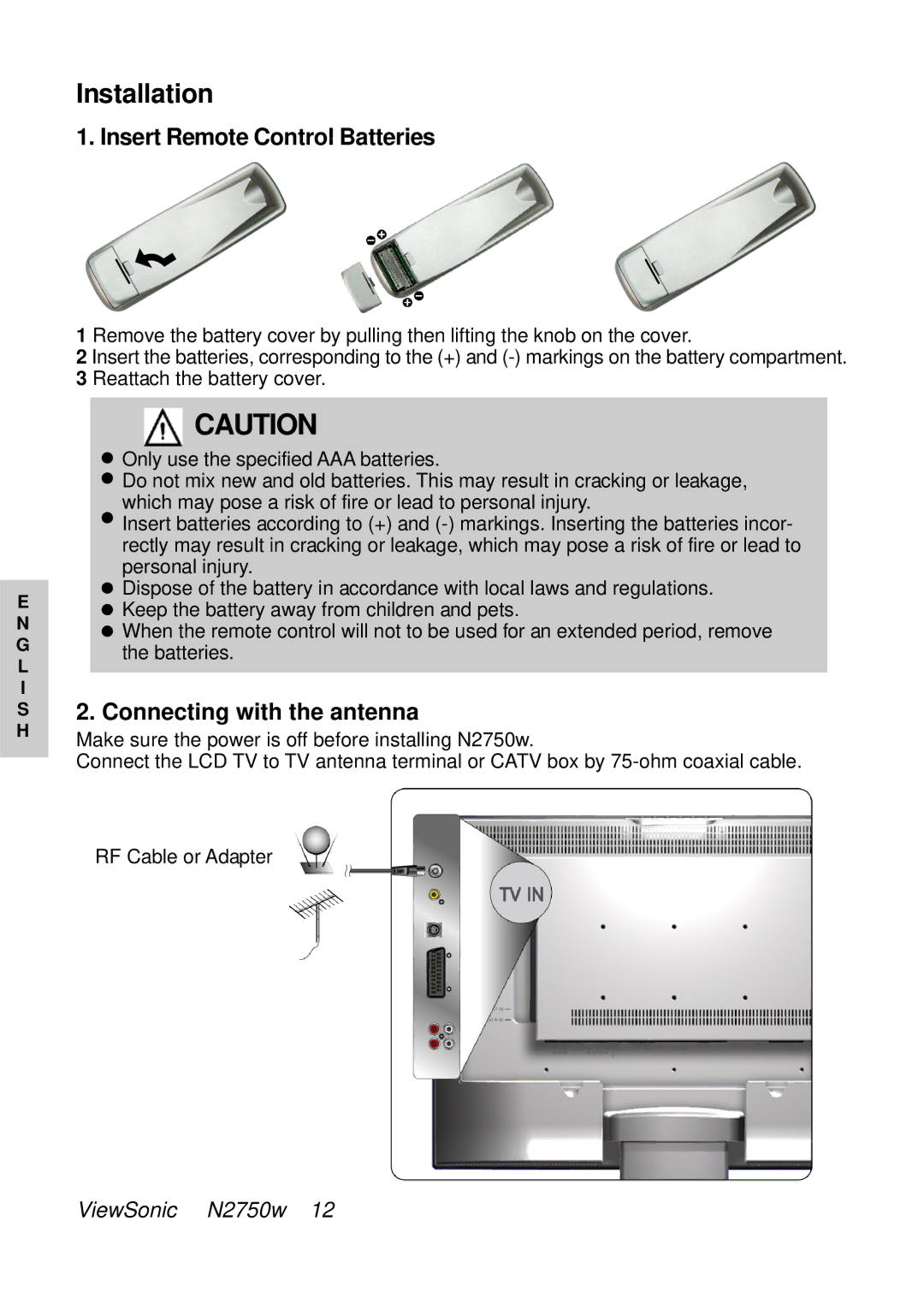 ViewSonic VS10576-1E manual Installation, Insert Remote Control Batteries, Connecting with the antenna 