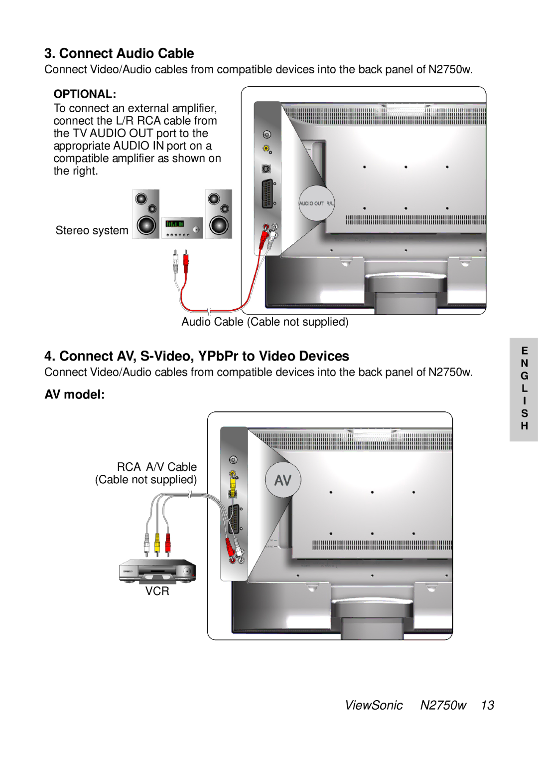 ViewSonic VS10576-1E manual Connect Audio Cable, Connect AV, S-Video, YPbPr to Video Devices, AV model, Optional 