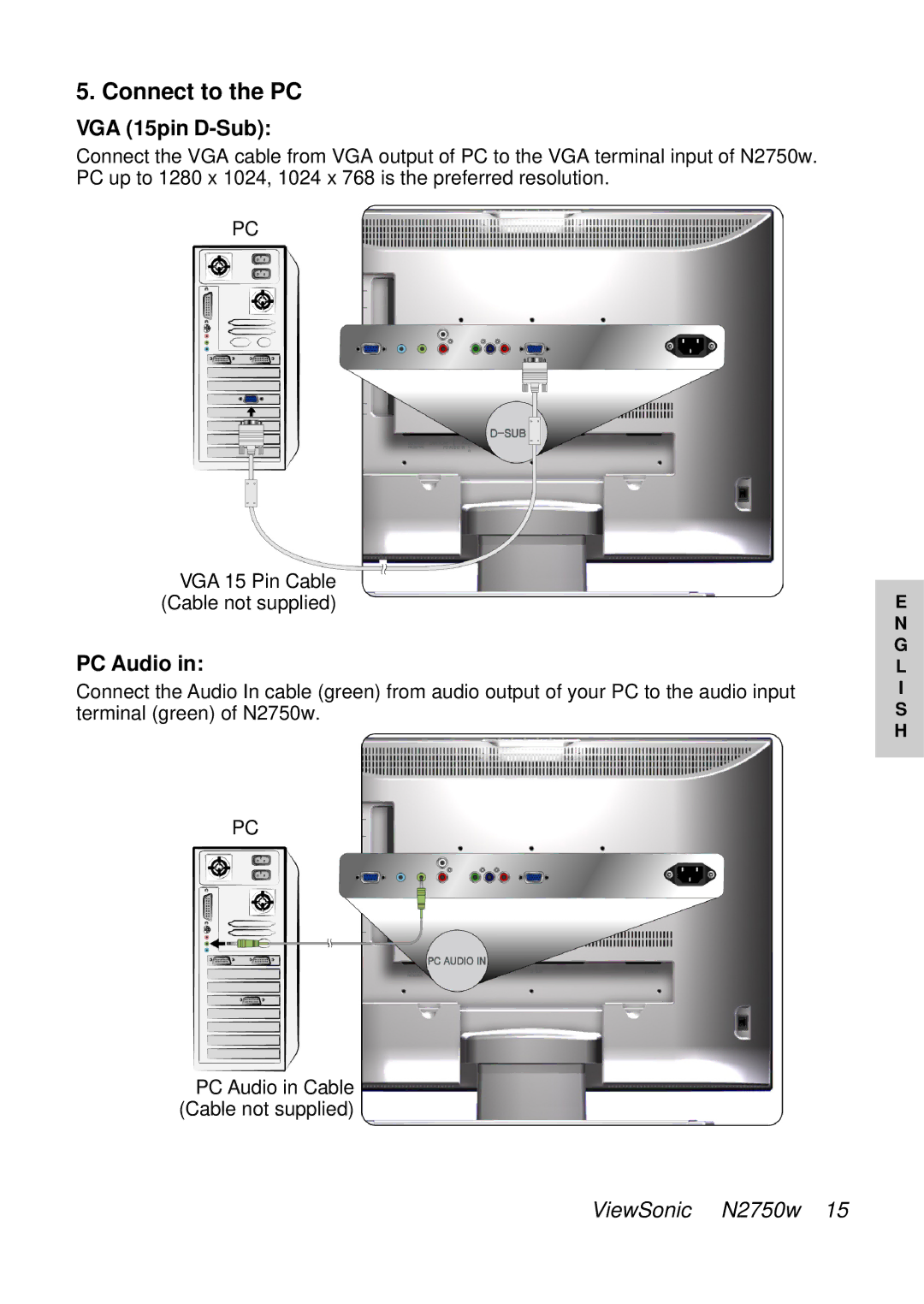 ViewSonic VS10576-1E manual Connect to the PC, VGA 15pin D-Sub, PC Audio 