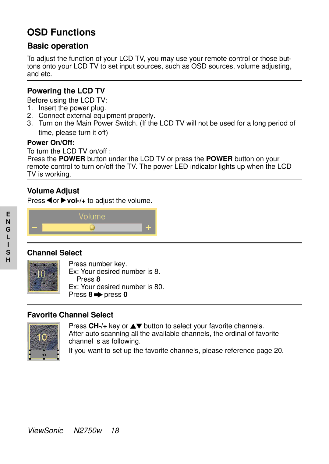 ViewSonic VS10576-1E manual Basic operation, Powering the LCD TV, Volume Adjust, Favorite Channel Select 