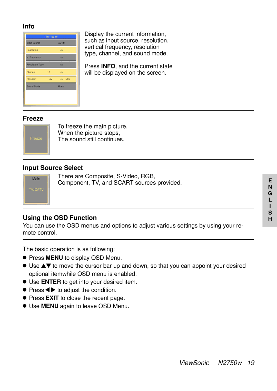 ViewSonic VS10576-1E manual Info, Freeze, Input Source Select, Using the OSD Function 