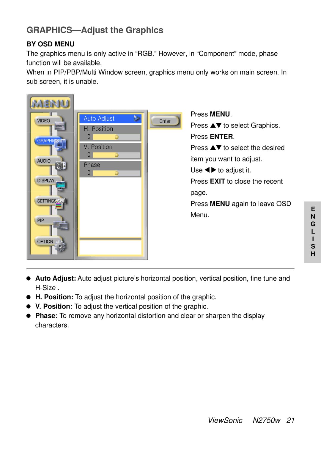 ViewSonic VS10576-1E manual GRAPHICS-Adjust the Graphics 