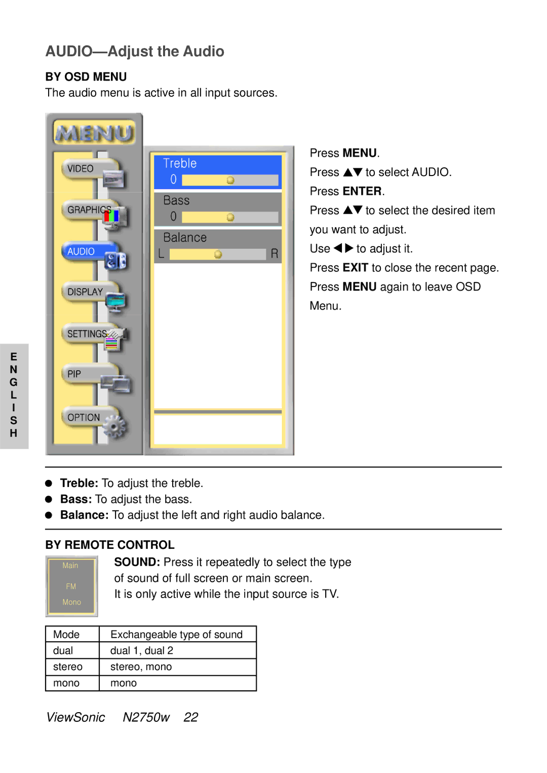 ViewSonic VS10576-1E manual AUDIO-Adjust the Audio, By Remote Control 