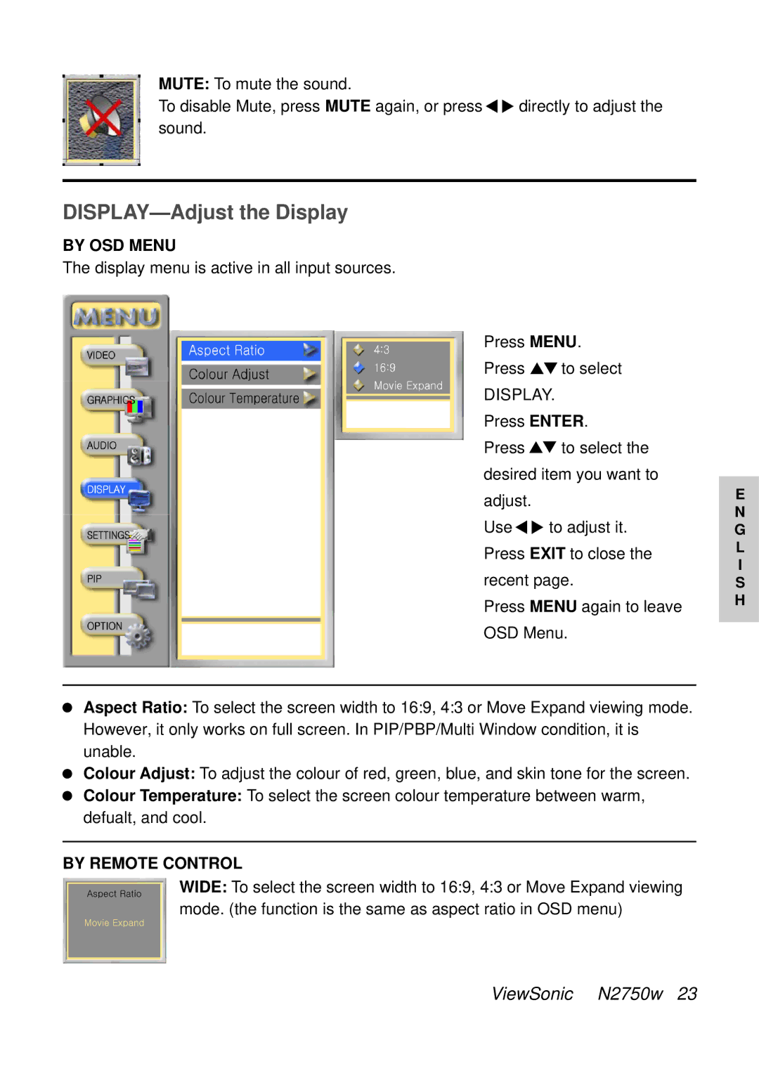 ViewSonic VS10576-1E manual DISPLAY-Adjust the Display 