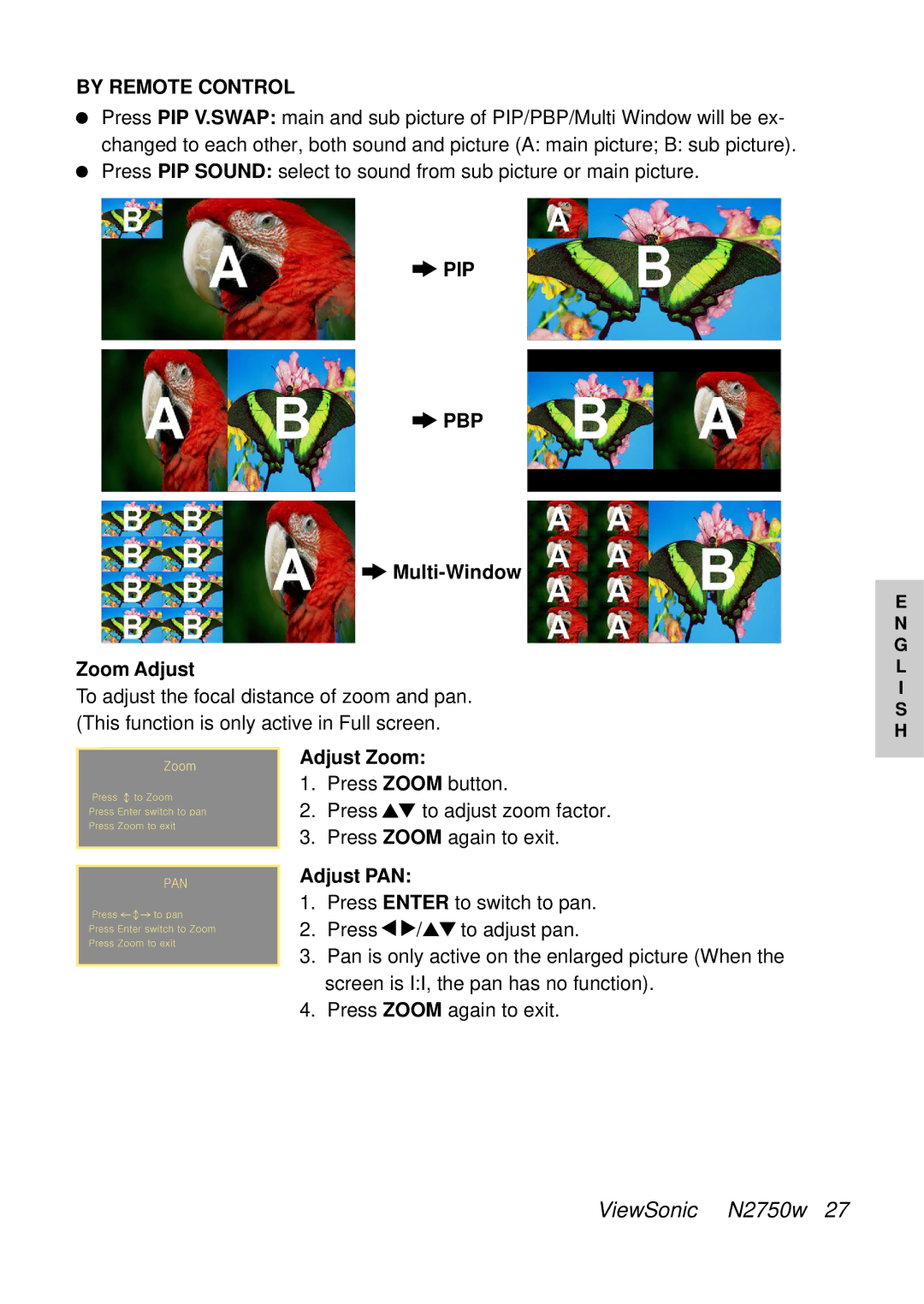 ViewSonic VS10576-1E manual Pip Pbp, Adjust PAN 