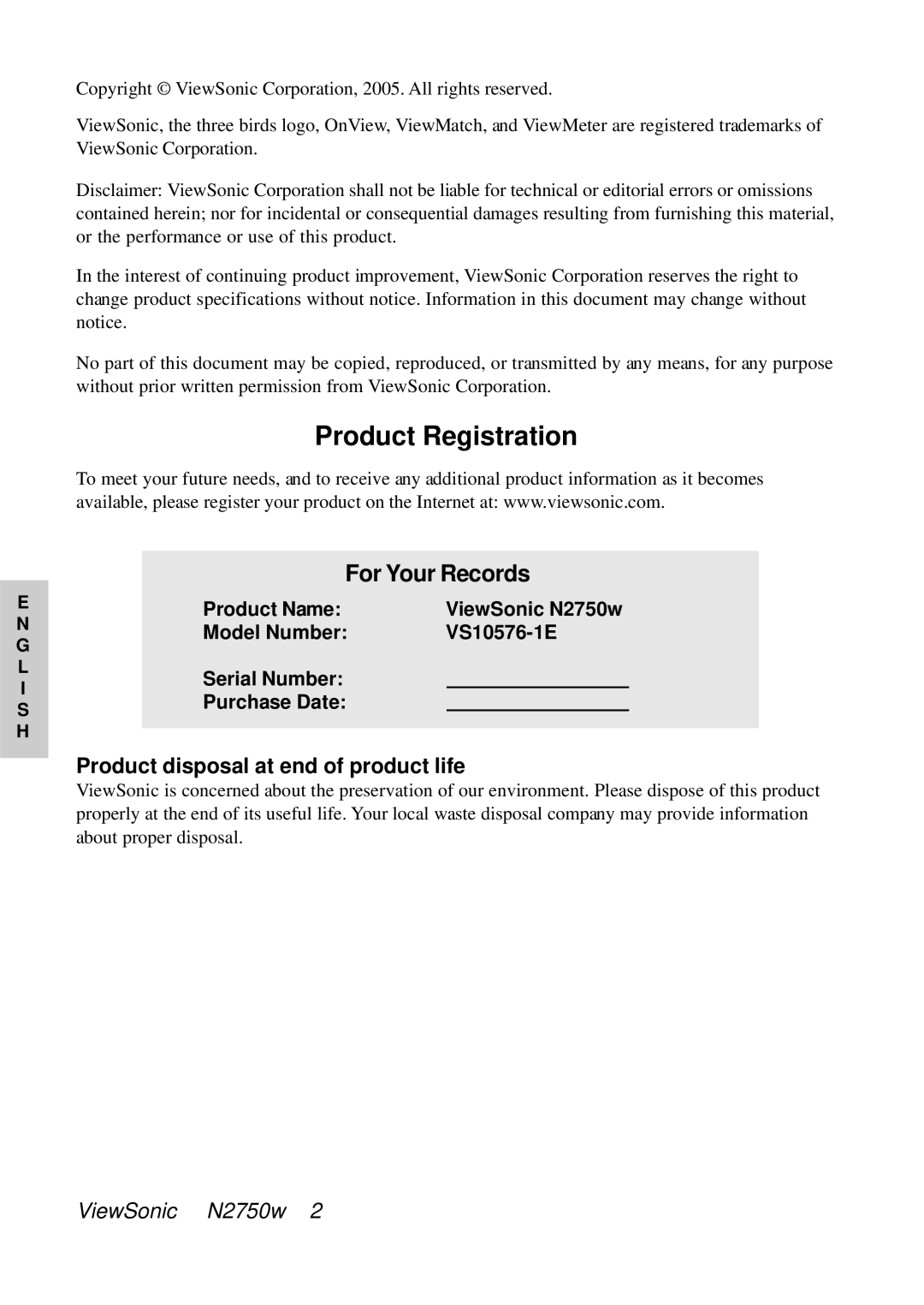 ViewSonic VS10576-1E manual Product Registration, For Your Records, Product disposal at end of product life 