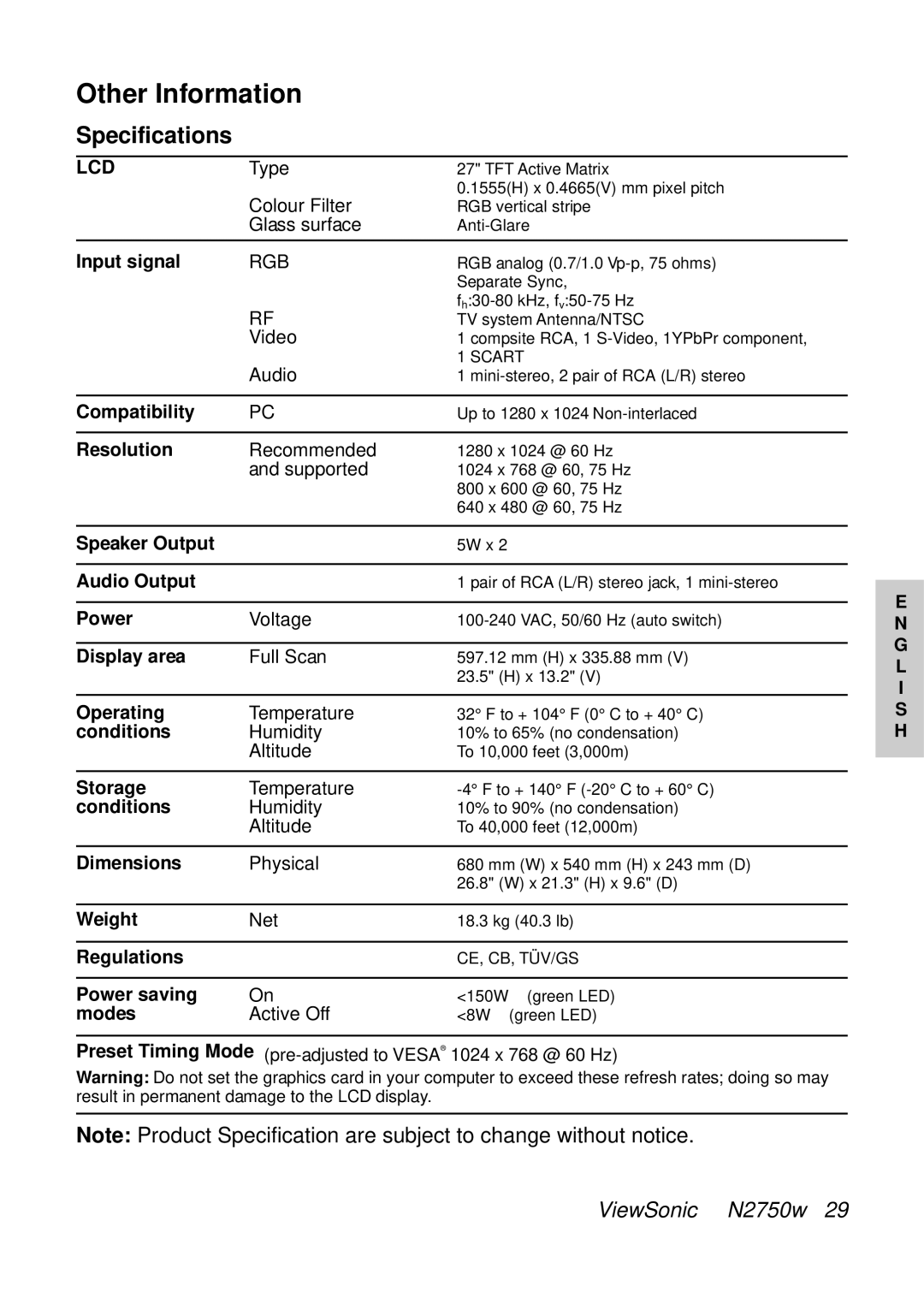 ViewSonic VS10576-1E manual Specifications, Lcd 