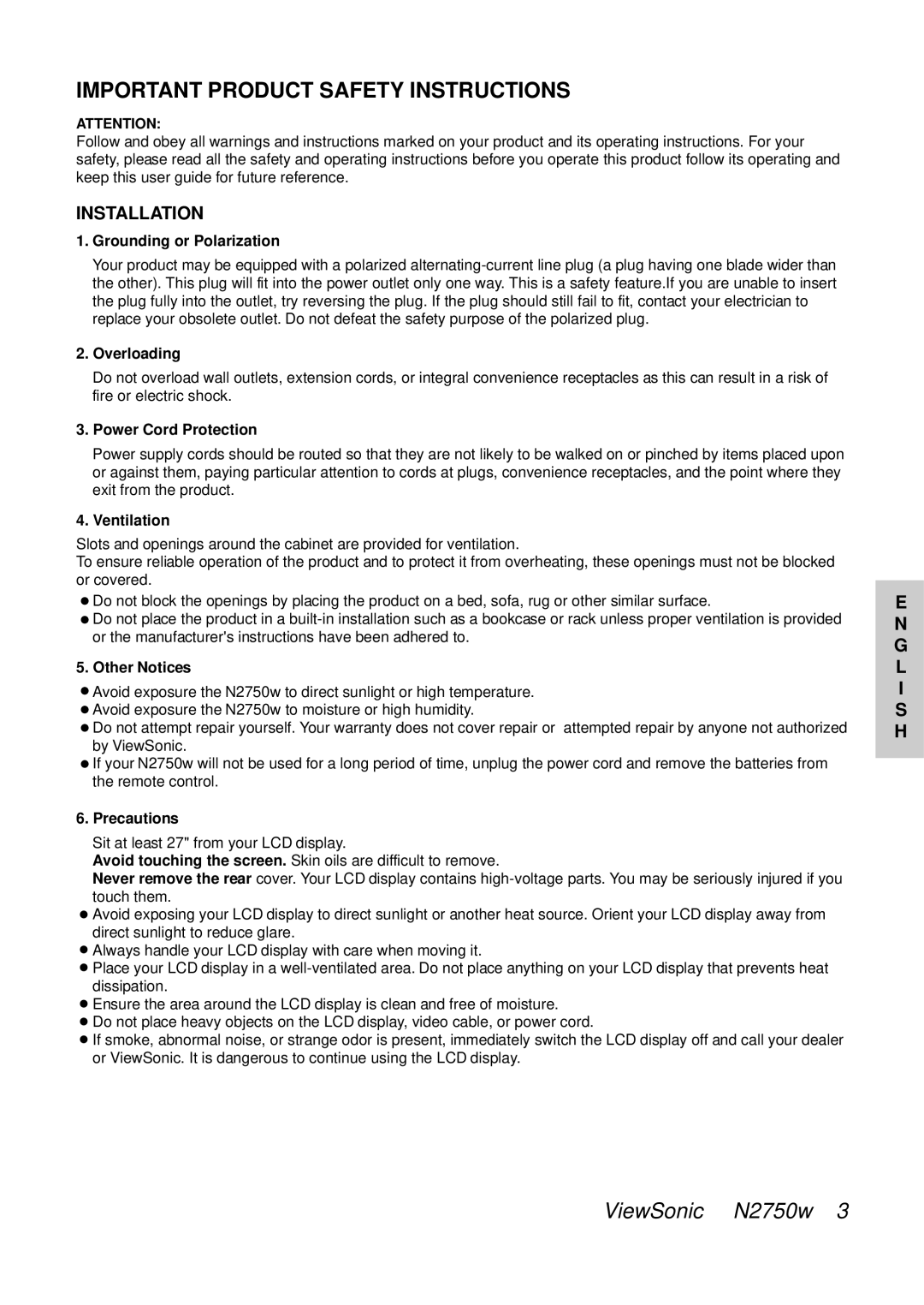 ViewSonic VS10576-1E manual Important Product Safety Instructions 