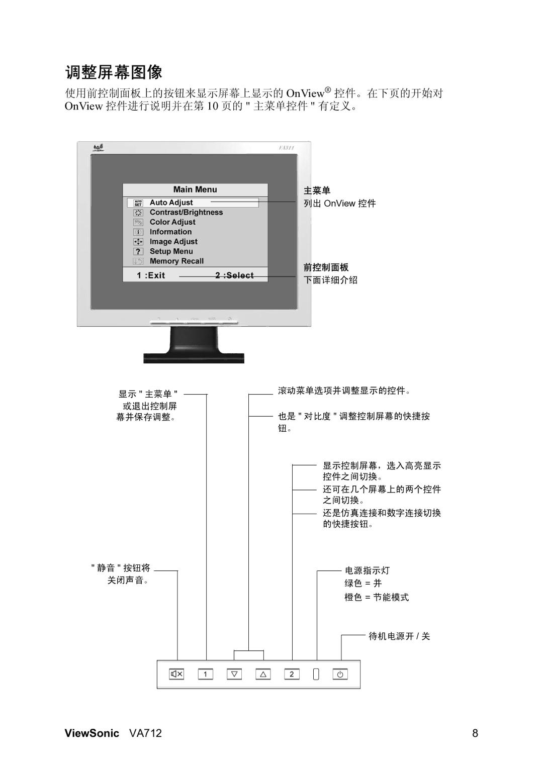 ViewSonic VS10697 manual 调整屏幕图像, 前控制面板 