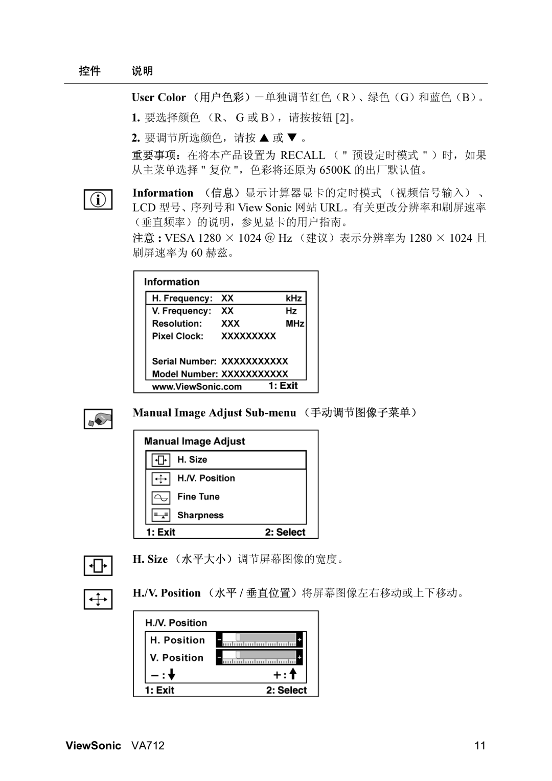 ViewSonic VS10697 manual Manual Image Adjust Sub-menu （手动调节图像子菜单）, Position （水平 / 垂直位置）将屏幕图像左右移动或上下移动。 