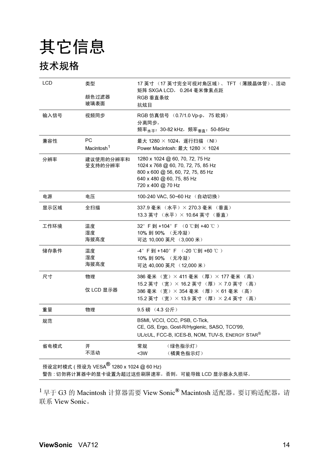 ViewSonic VS10697 manual 其它信息, 技术规格 